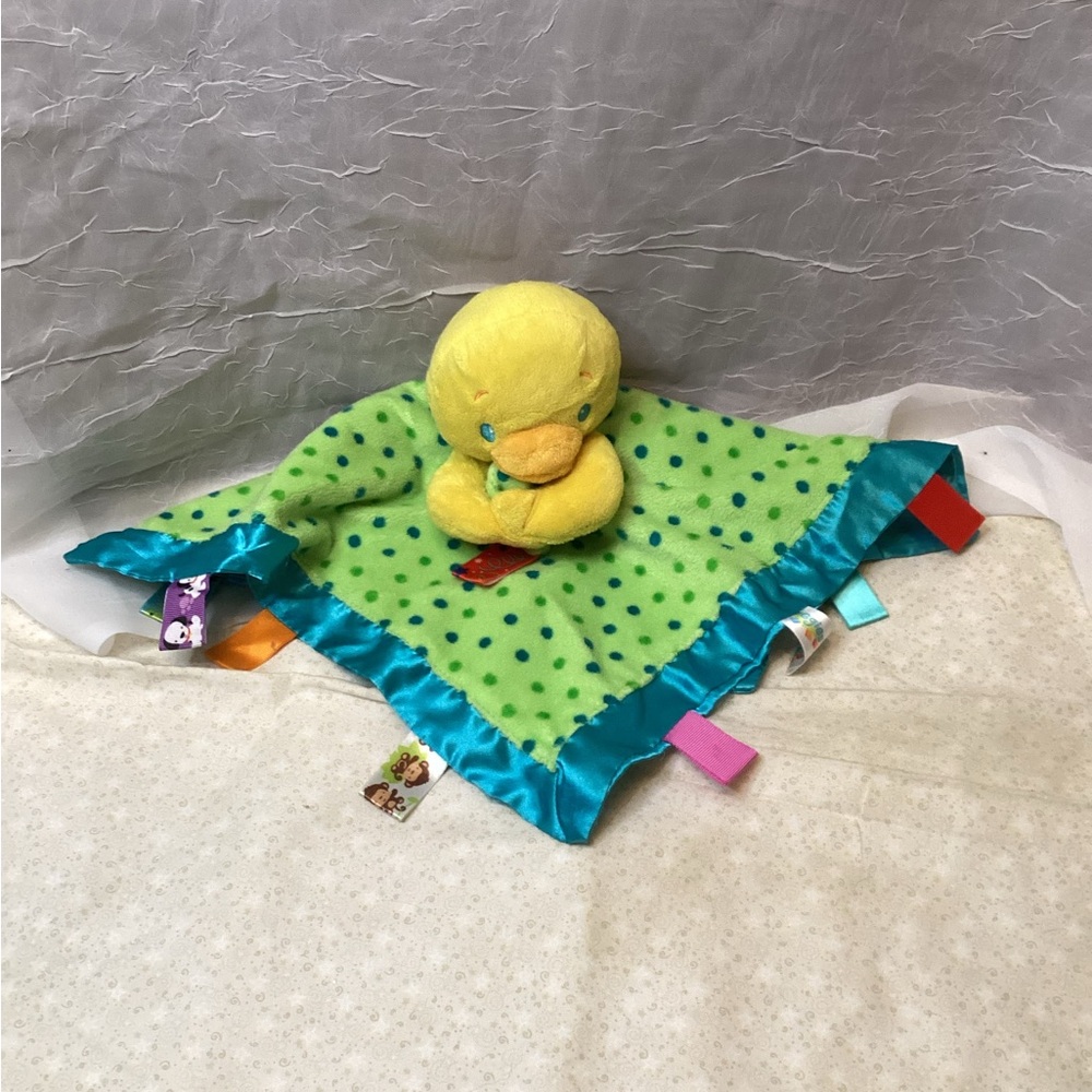 Taggies Duck Lovey Plush Toy Green Polka Dot Security Blanket Teal Satin Sensory